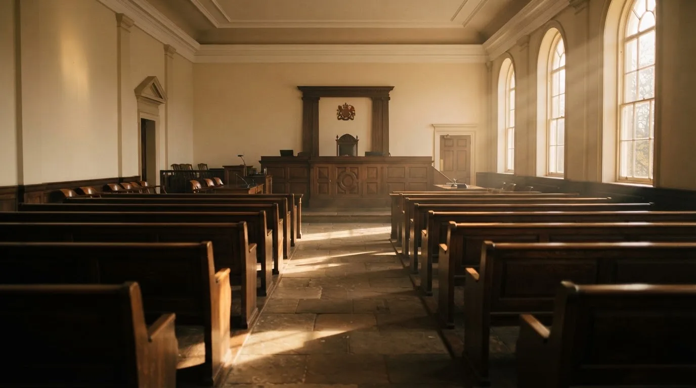 An empty courtroom with wooden benches in morning light