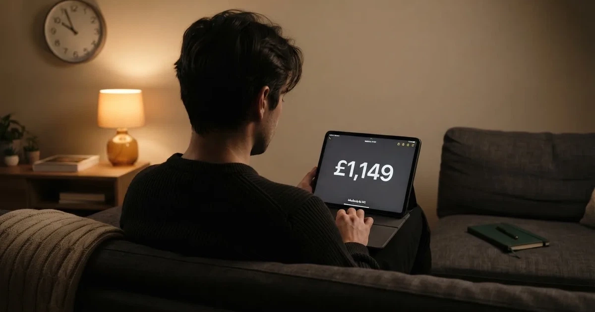 A person on a sofa looking thoughtfully at a tablet, a wall clock in the background