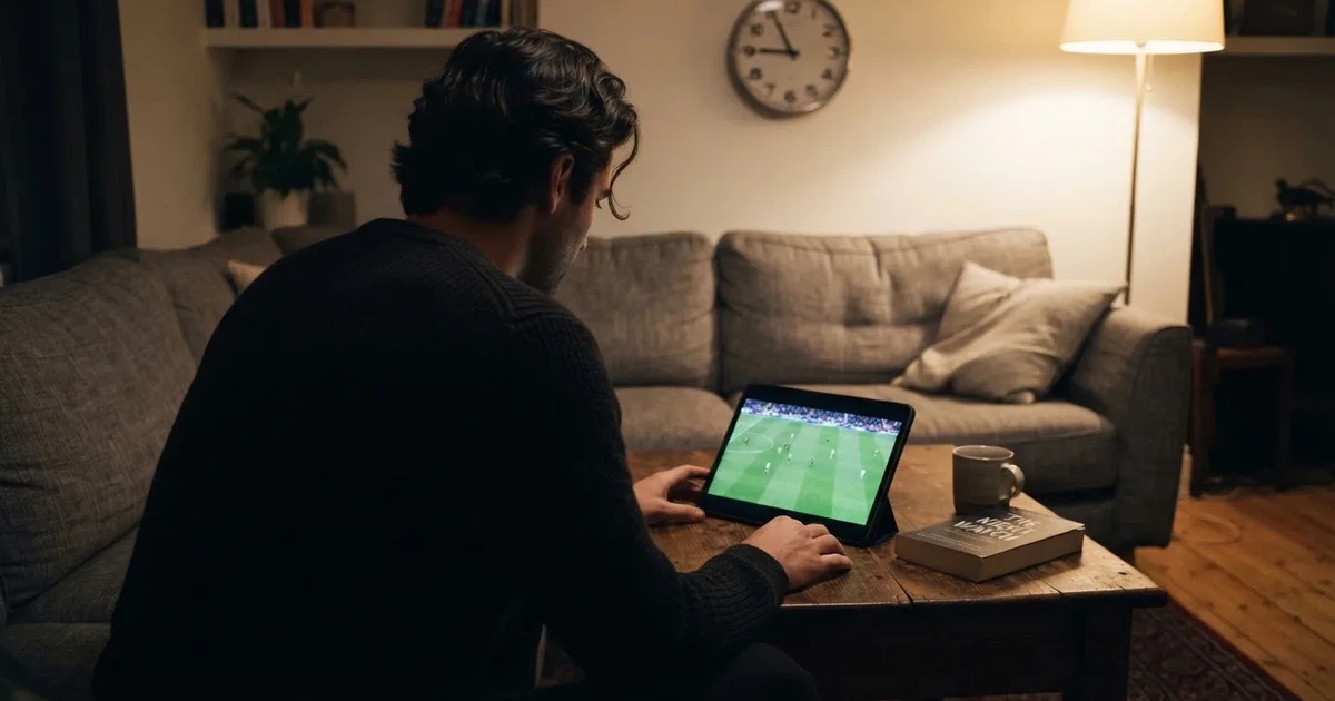 A person on a sofa looking thoughtfully at a tablet, a wall clock in the background