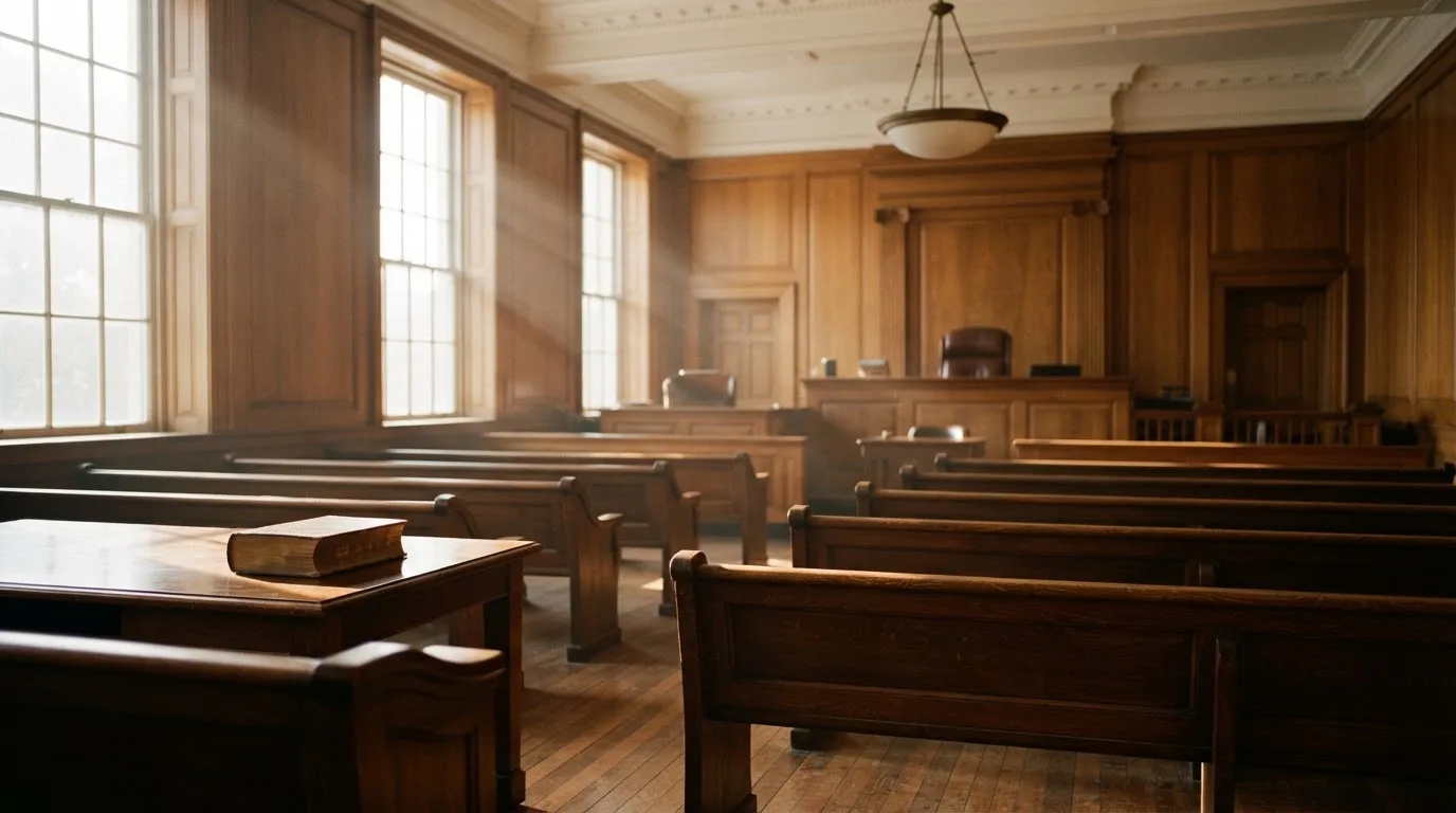 An empty courtroom with wooden benches in morning light