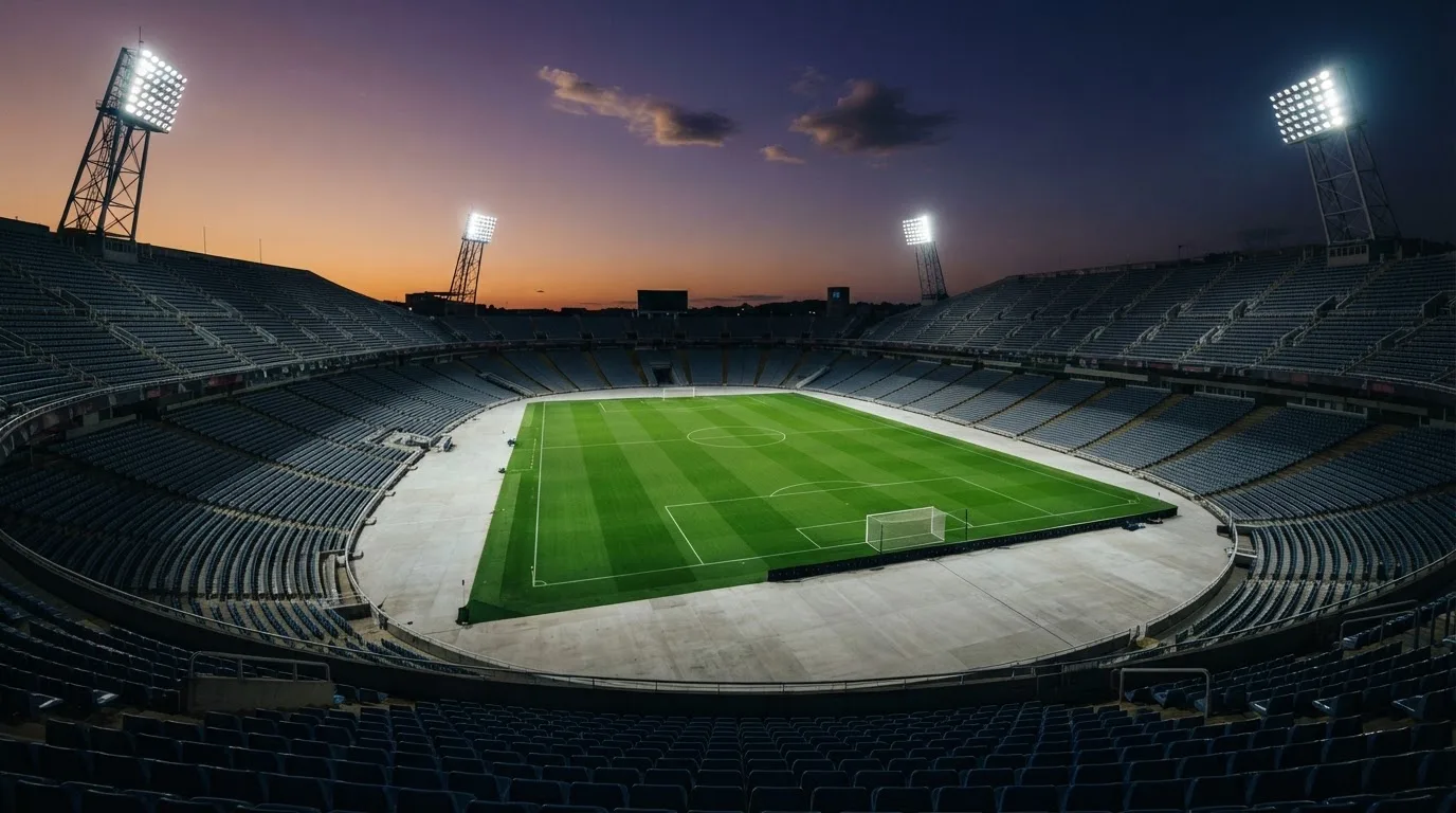 An empty football stadium with floodlight masts at dusk