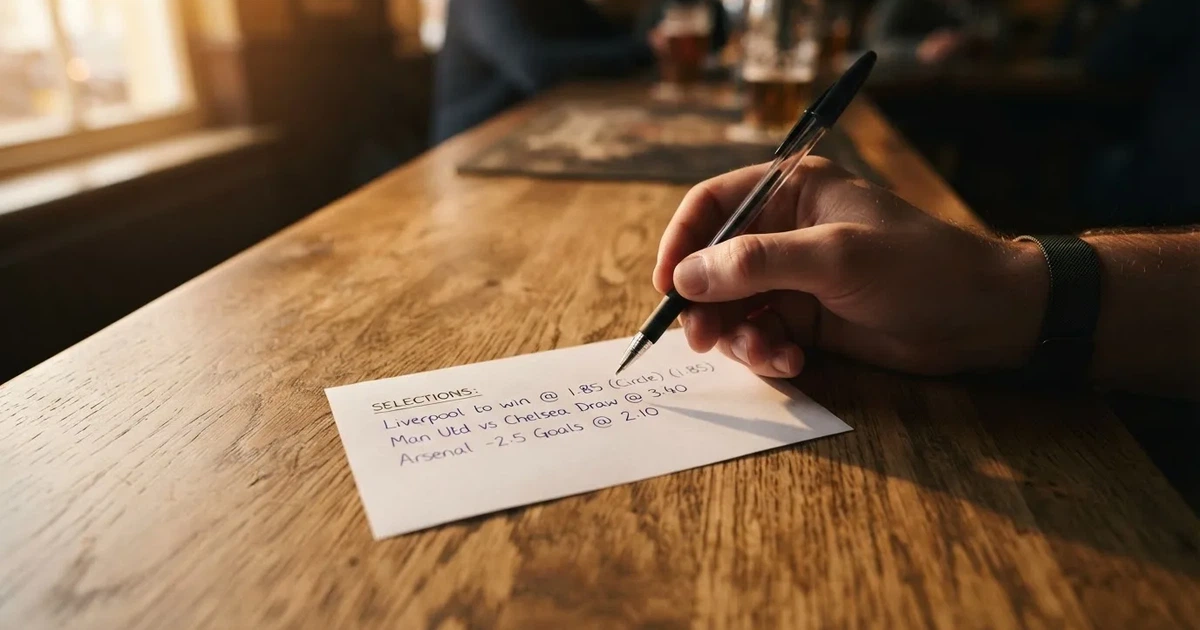 A blank paper betting slip beside a pen on a wooden counter