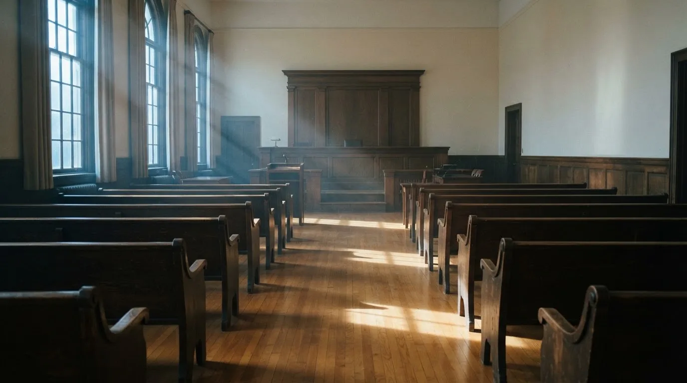 An empty courtroom with wooden benches in morning light