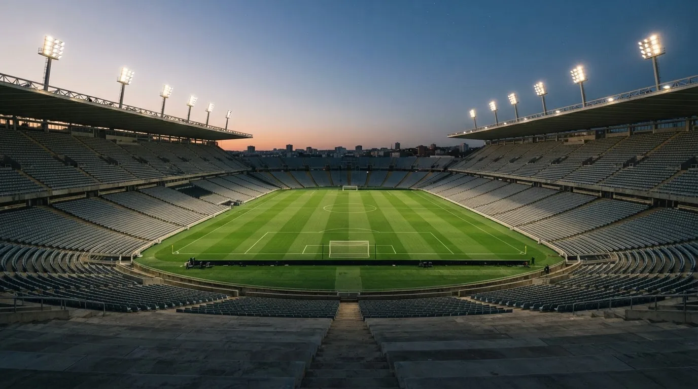 An empty football stadium with floodlight masts at dusk