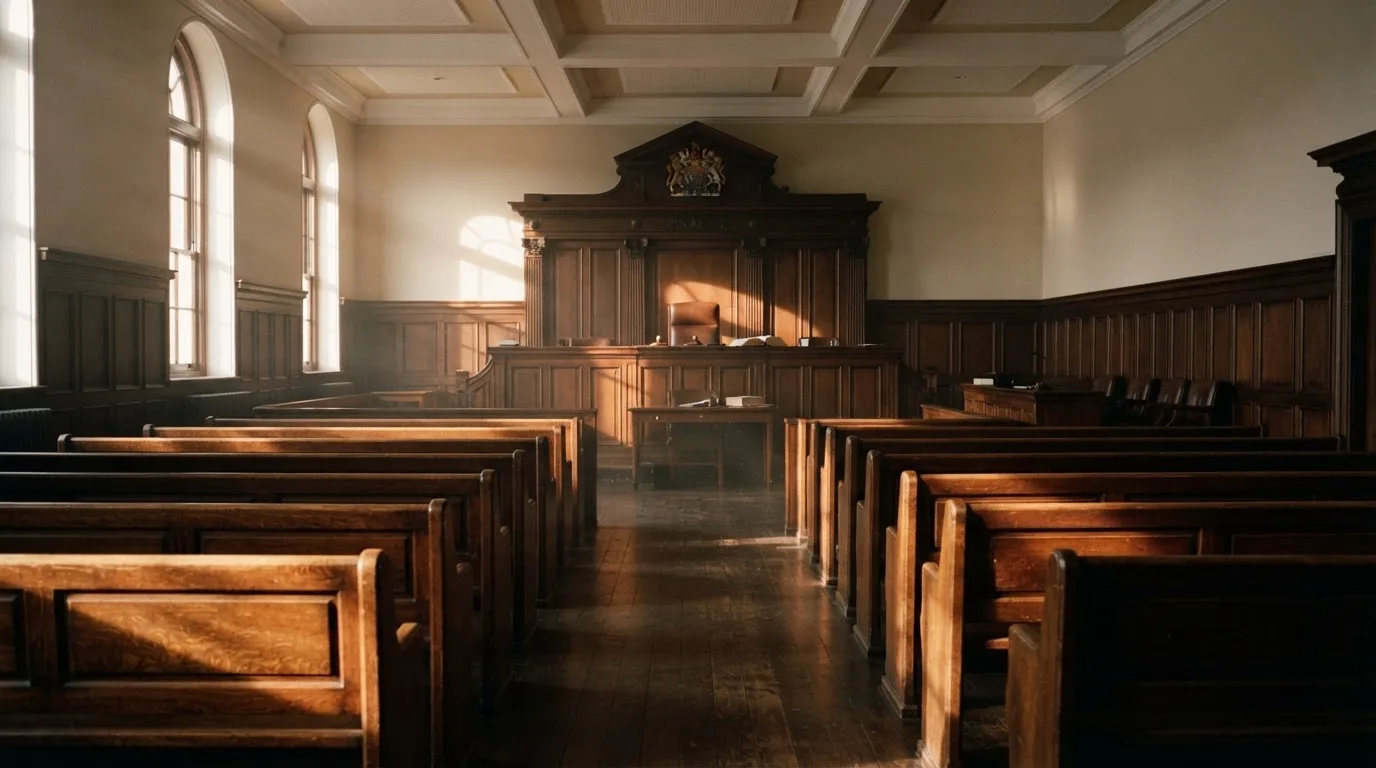 An empty courtroom with wooden benches in morning light