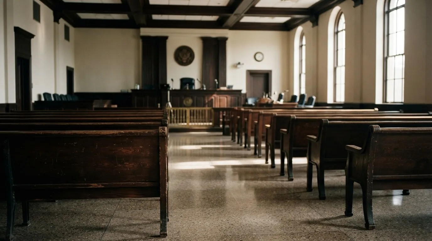 An empty courtroom with wooden benches in morning light