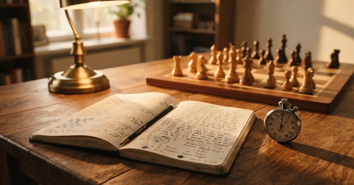 An open notebook with a pencil and a stopwatch on a wooden table