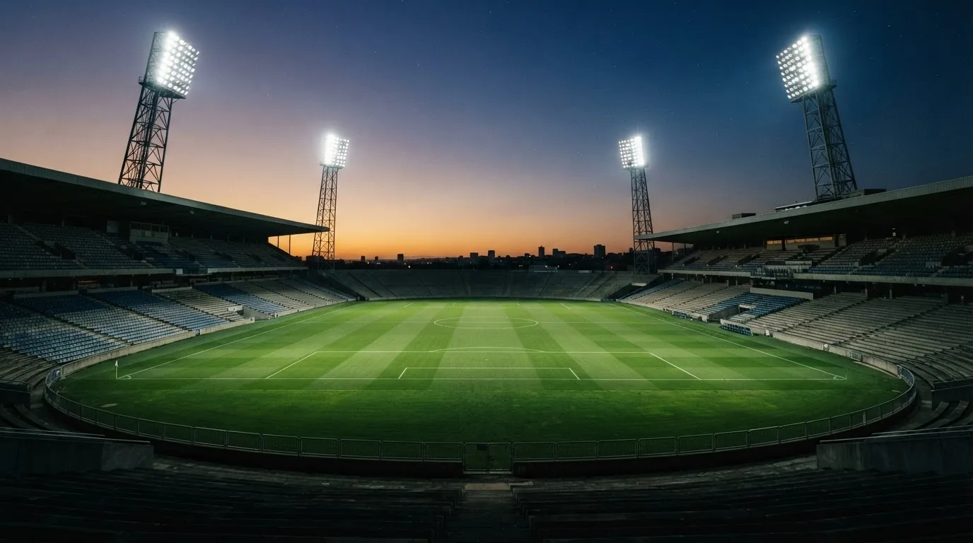 An empty football stadium with floodlight masts at dusk