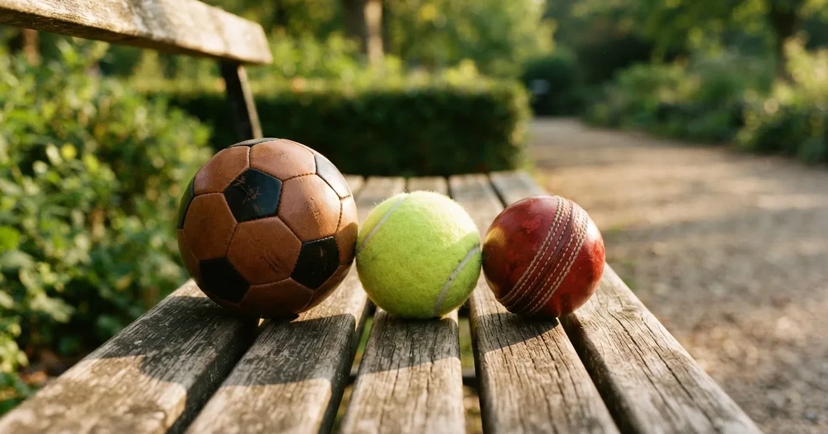 Three balls of different kinds side by side on a wooden bench