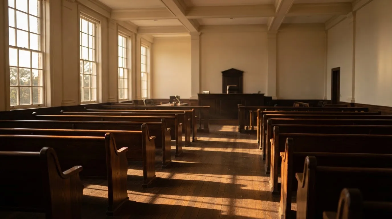 An empty courtroom with wooden benches in morning light