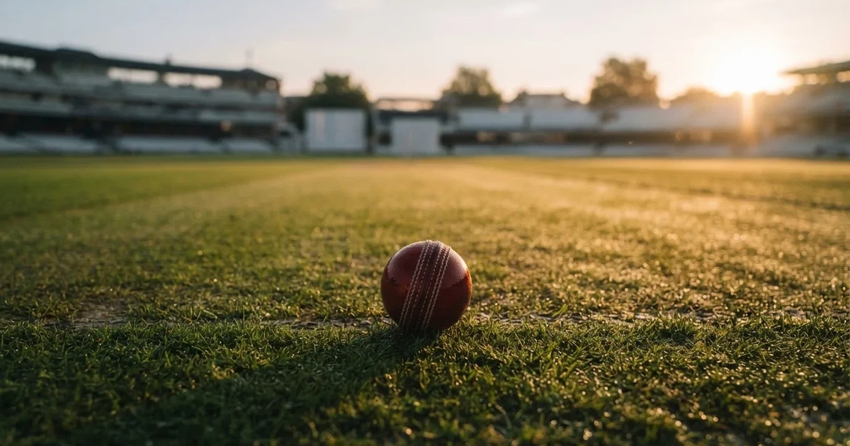 A ball on the centre spot of a grass pitch in morning light