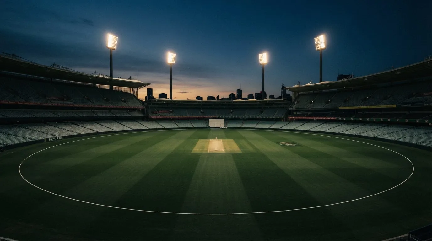 An empty football stadium with floodlight masts at dusk