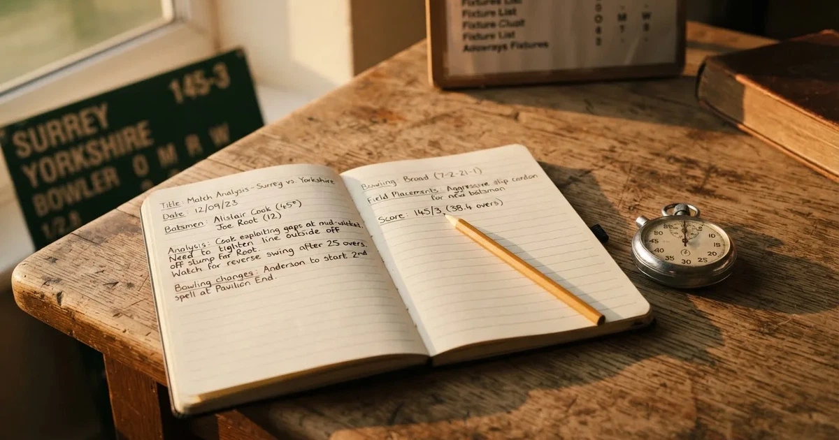 An open notebook with a pencil and a stopwatch on a wooden table