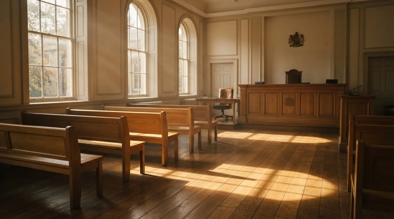 An empty courtroom with wooden benches in morning light