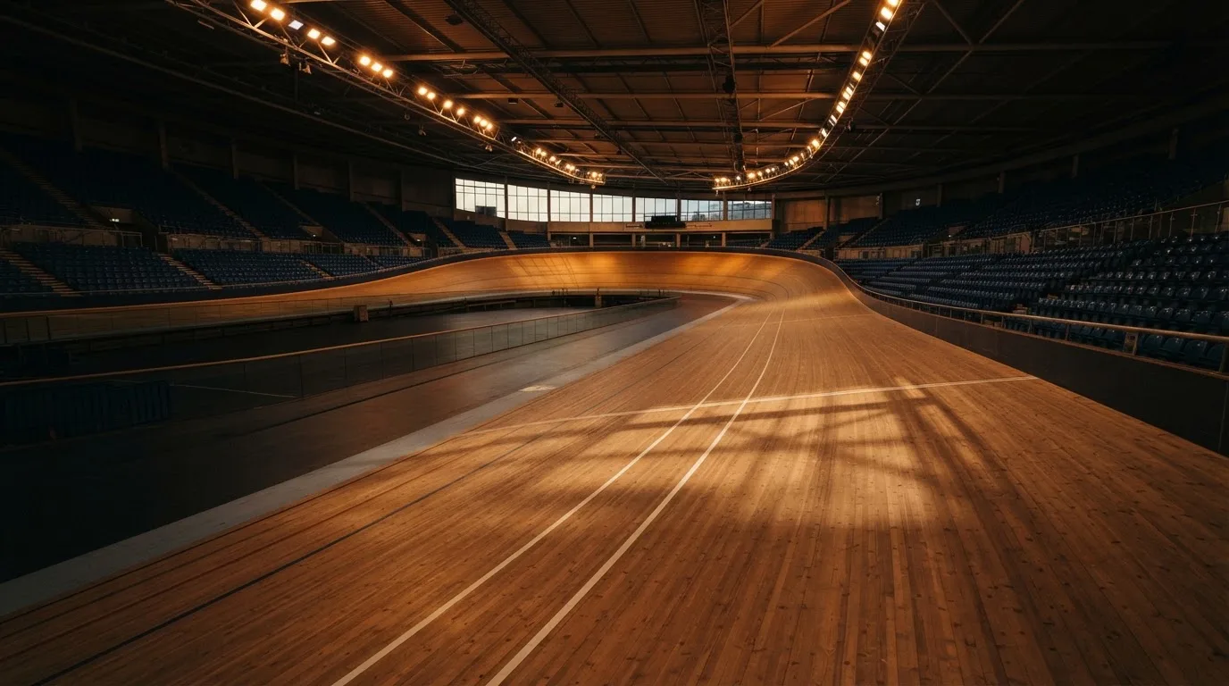 An empty football stadium with floodlight masts at dusk