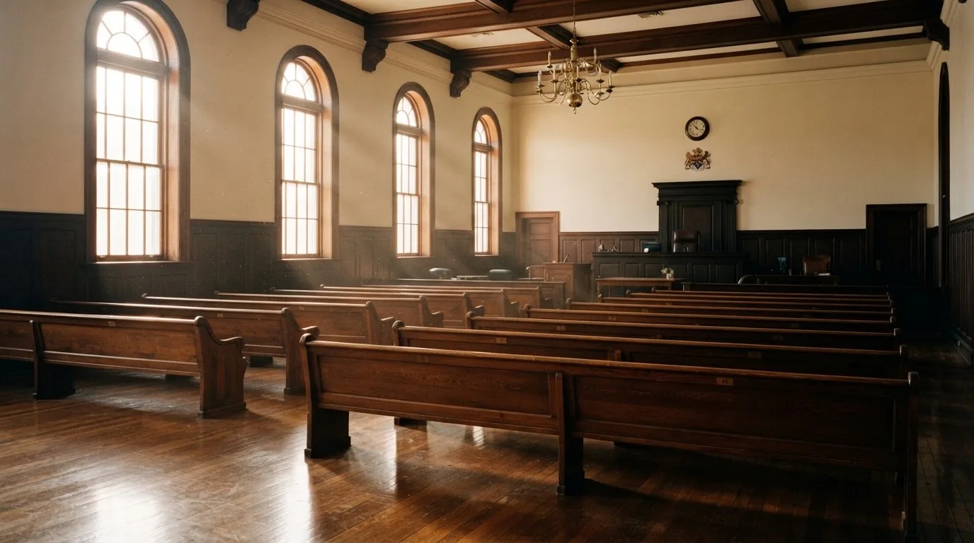 An empty courtroom with wooden benches in morning light