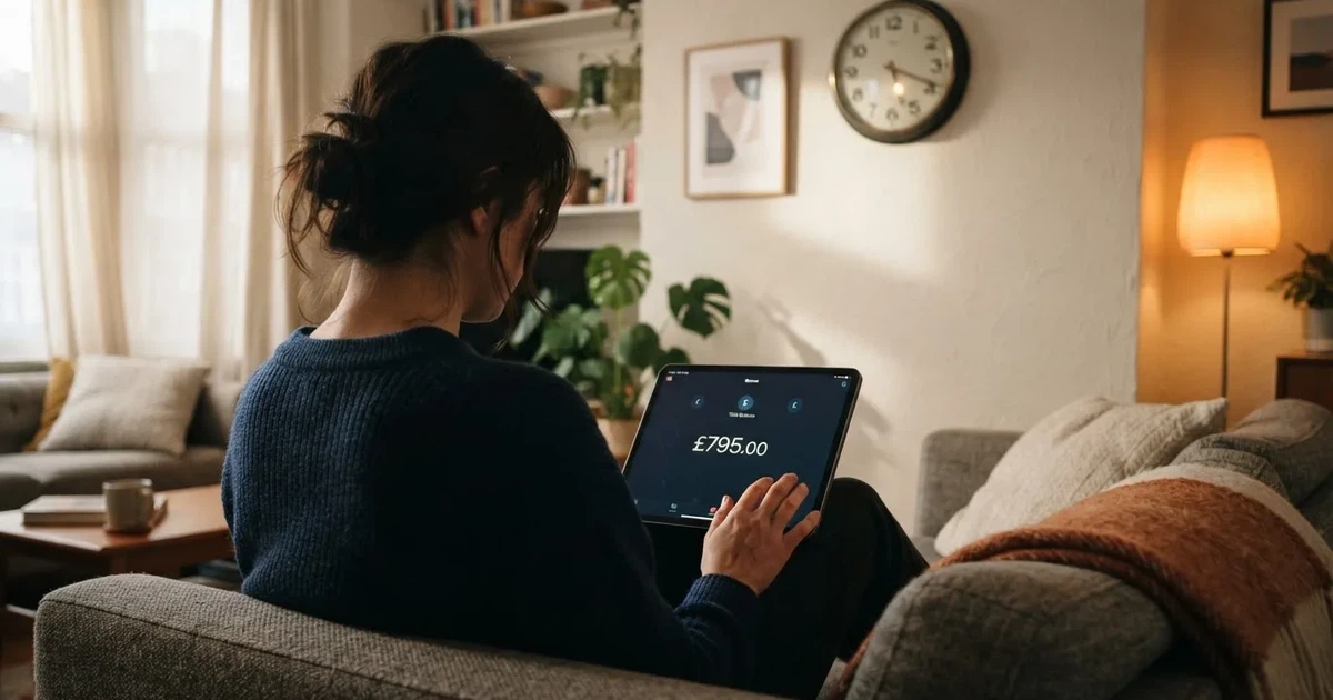 A person on a sofa looking thoughtfully at a tablet, a wall clock in the background