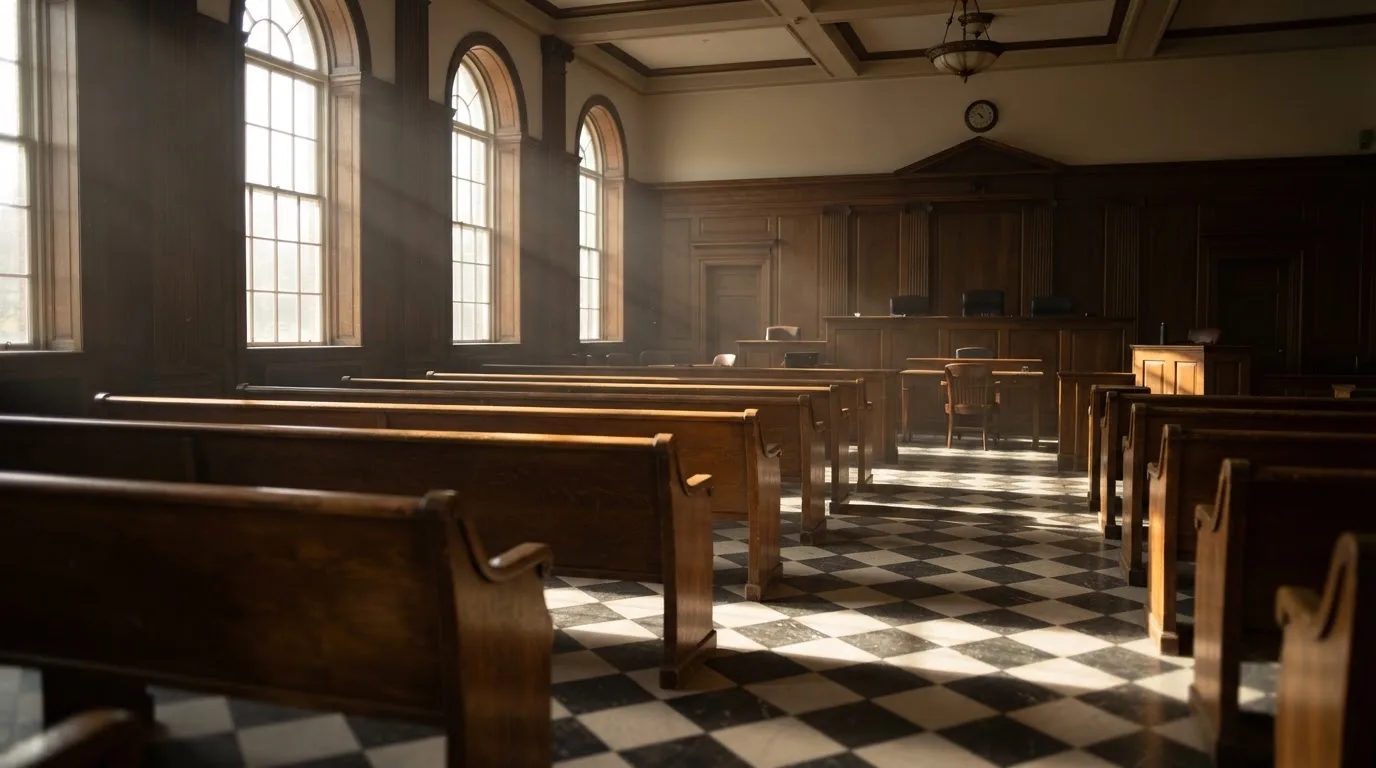 An empty courtroom with wooden benches in morning light