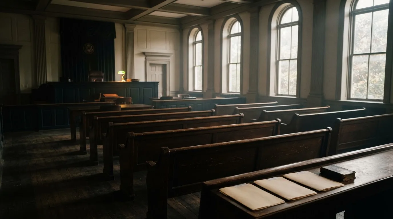 An empty courtroom with wooden benches in morning light