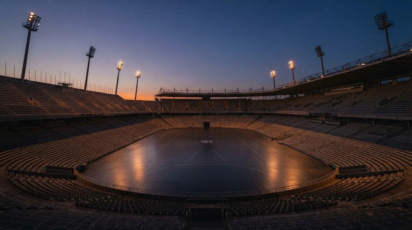 An empty football stadium with floodlight masts at dusk