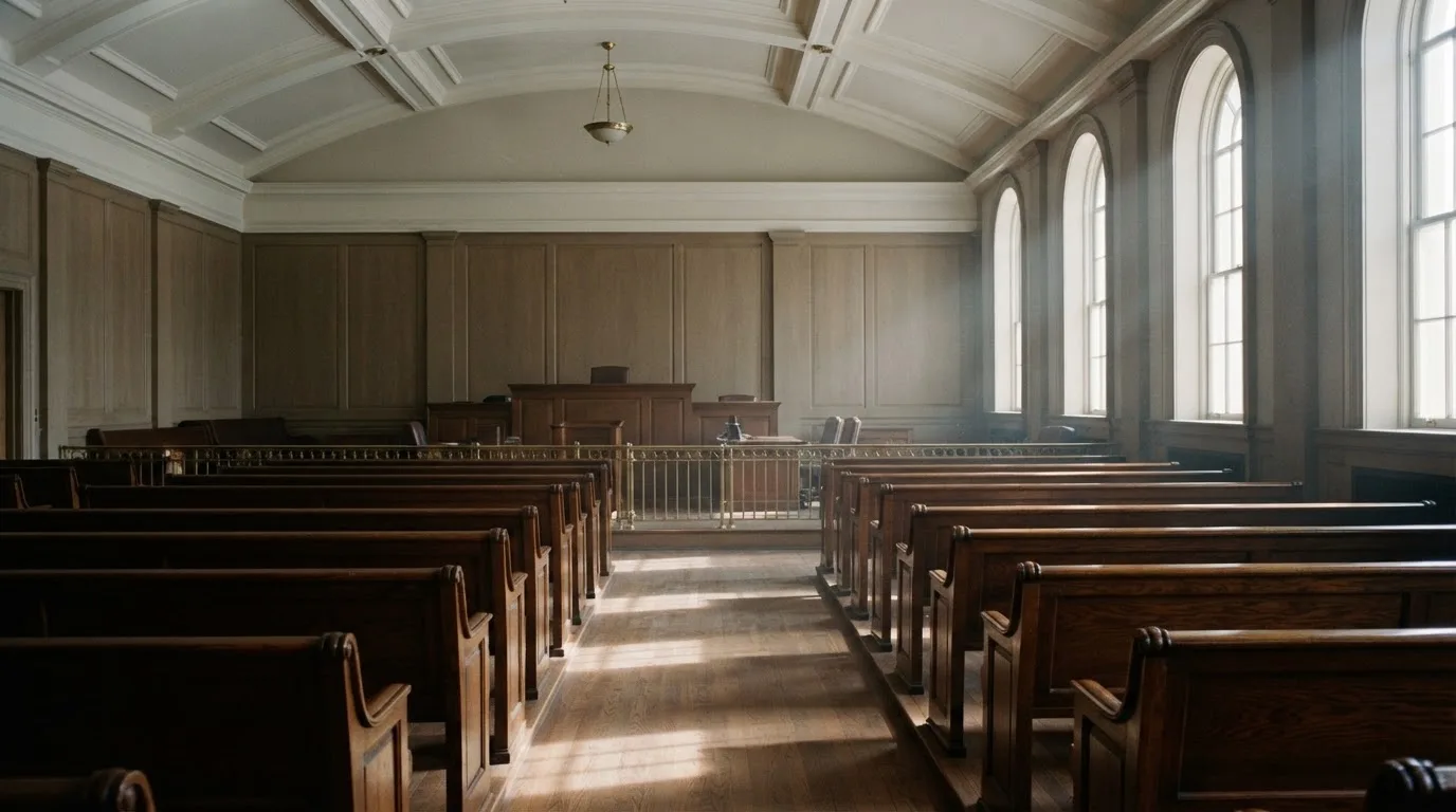 An empty courtroom with wooden benches in morning light