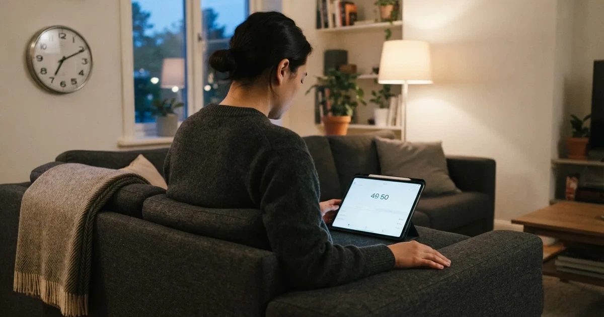 A person on a sofa looking thoughtfully at a tablet, a wall clock in the background