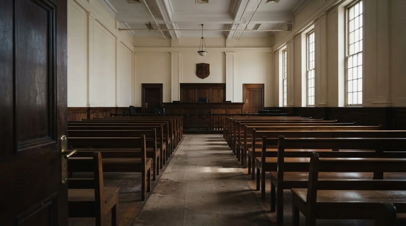 An empty courtroom with wooden benches in morning light