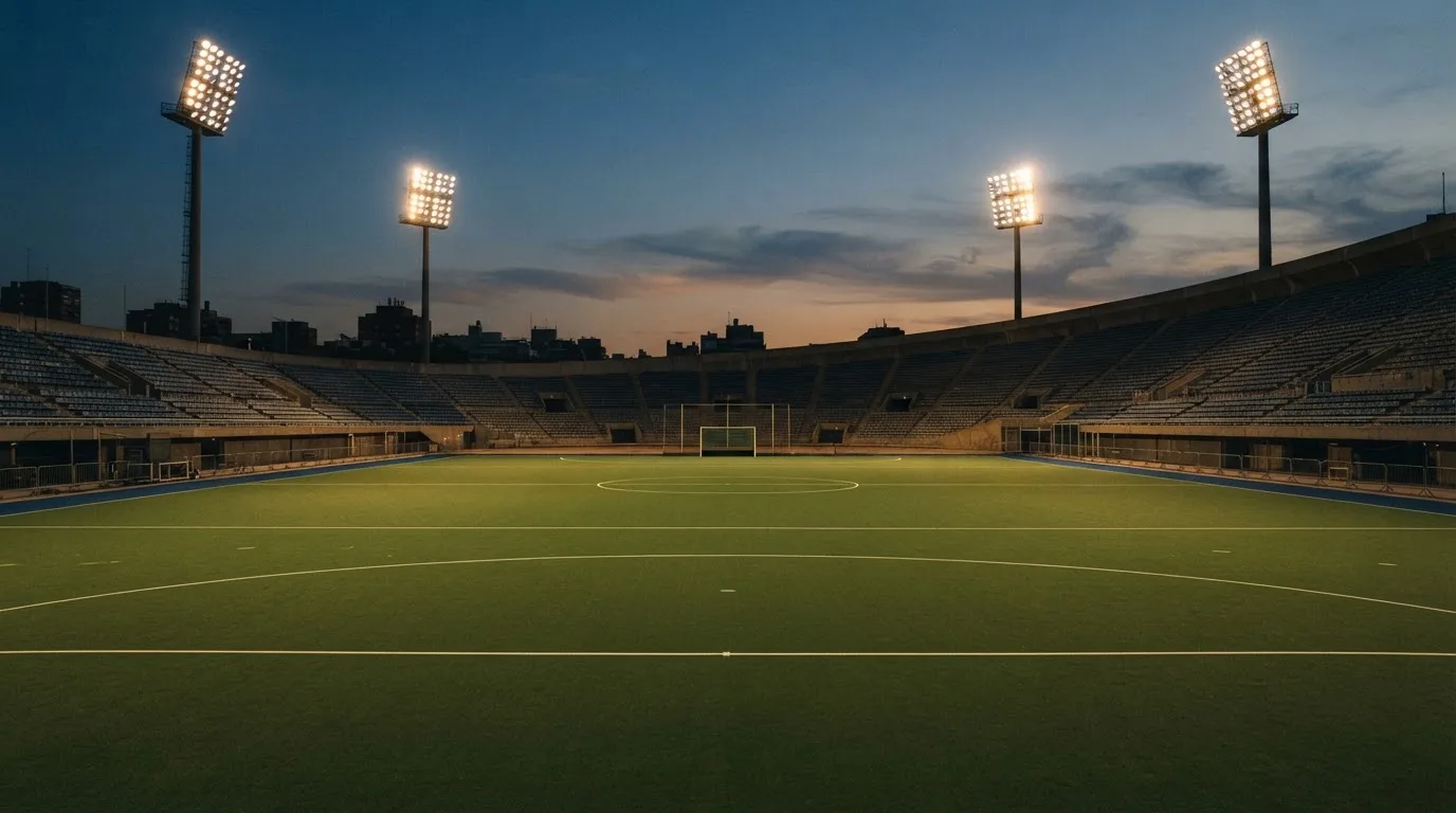 An empty football stadium with floodlight masts at dusk