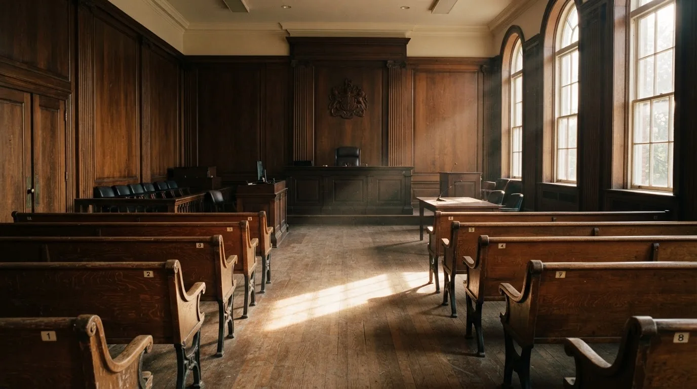 An empty courtroom with wooden benches in morning light
