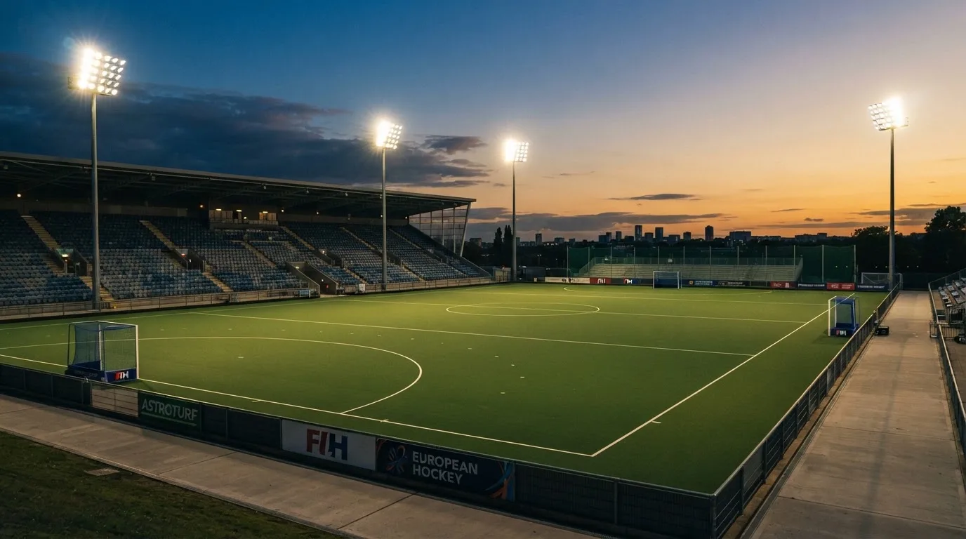 An empty football stadium with floodlight masts at dusk