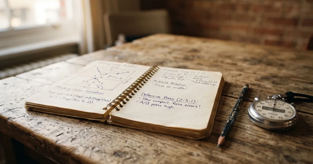 An open notebook with a pencil and a stopwatch on a wooden table