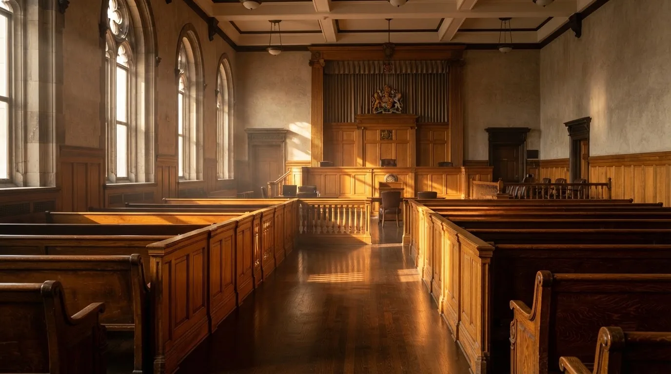 An empty courtroom with wooden benches in morning light
