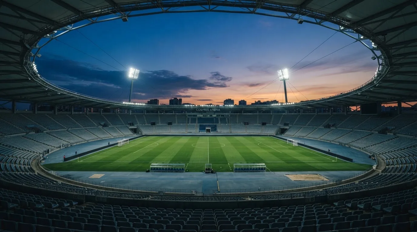 An empty football stadium with floodlight masts at dusk