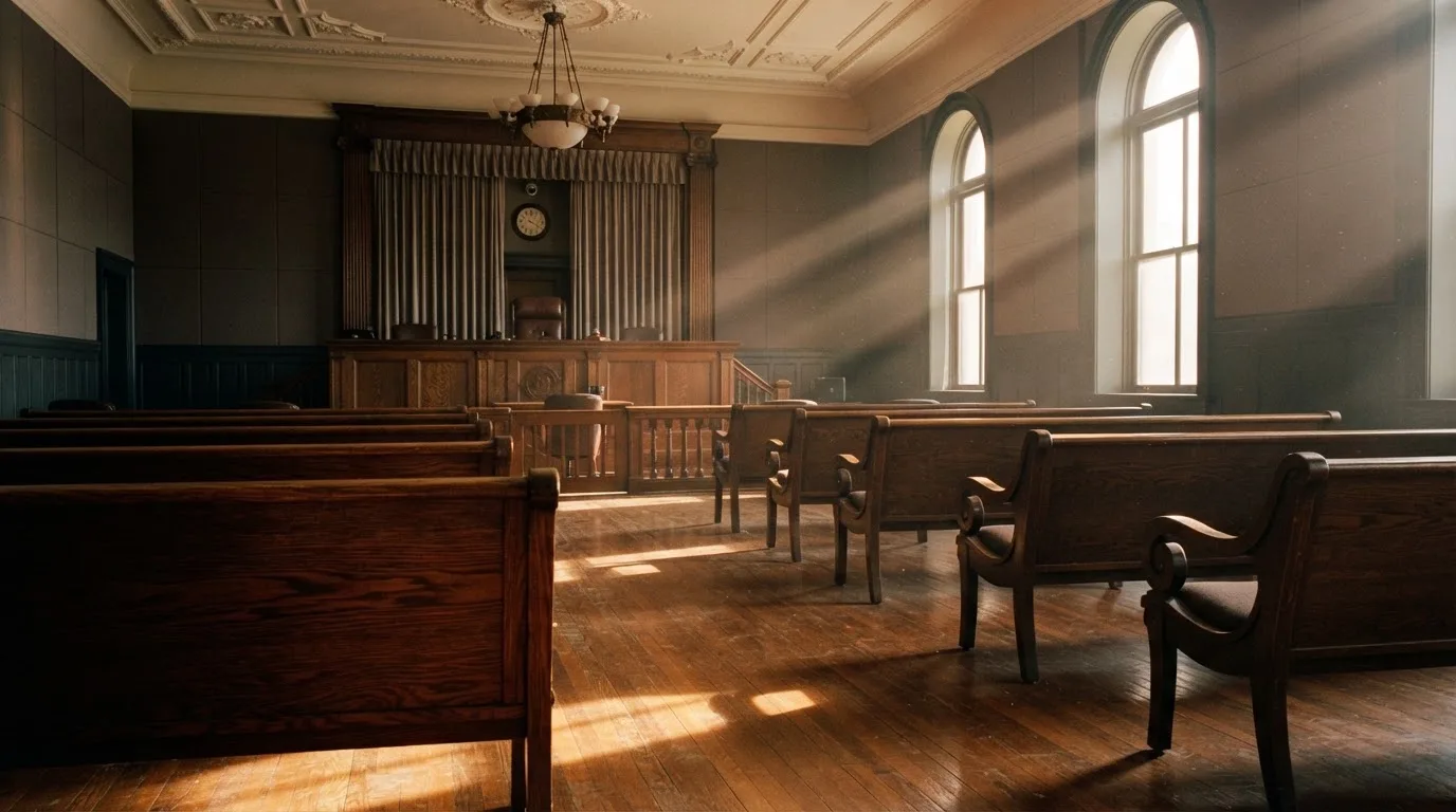 An empty courtroom with wooden benches in morning light
