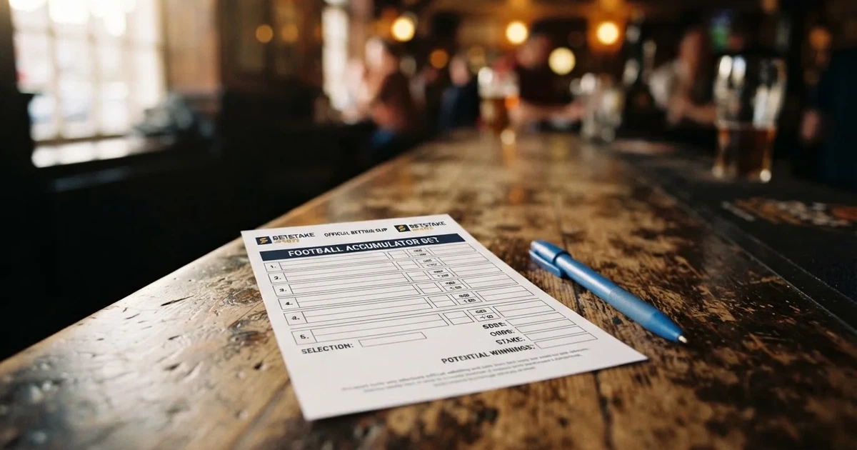 A blank paper betting slip beside a pen on a wooden counter