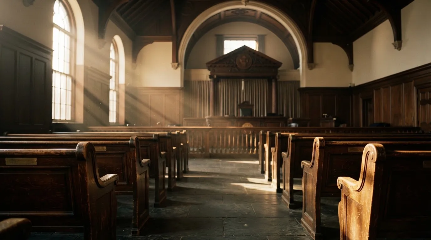 An empty courtroom with wooden benches in morning light