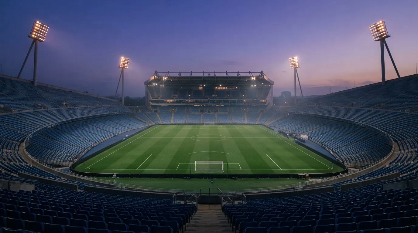 An empty football stadium with floodlight masts at dusk