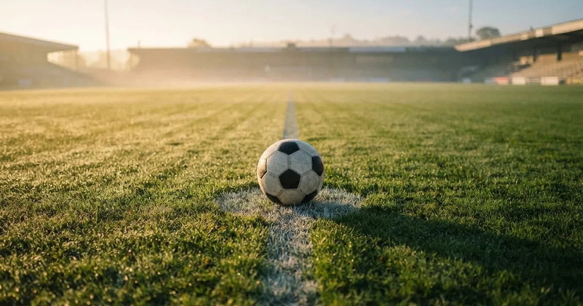A ball on the centre spot of a grass pitch in morning light
