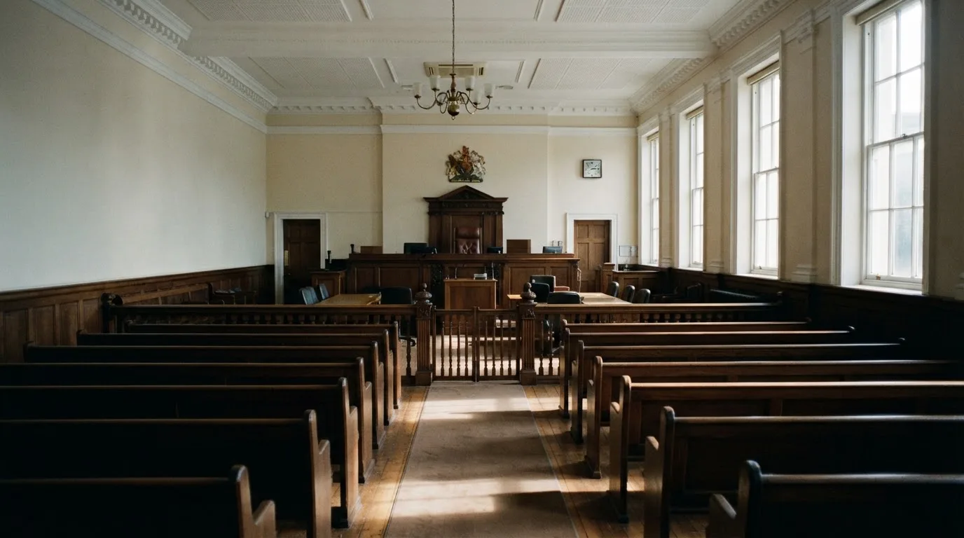 An empty courtroom with wooden benches in morning light