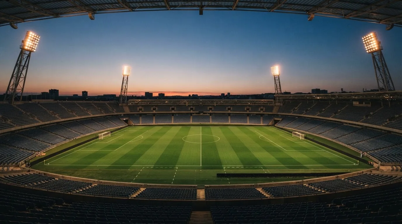 An empty football stadium with floodlight masts at dusk