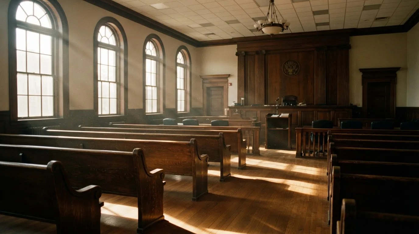 An empty courtroom with wooden benches in morning light