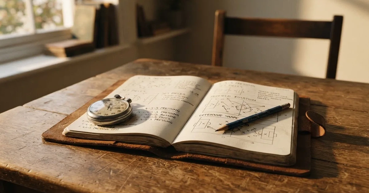 An open notebook with a pencil and a stopwatch on a wooden table