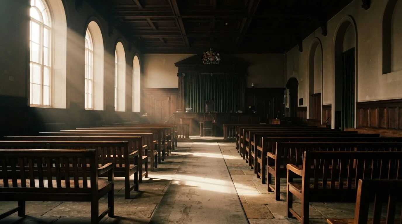 An empty courtroom with wooden benches in morning light