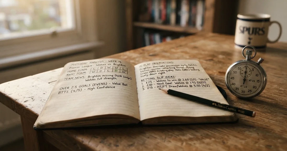 An open notebook with a pencil and a stopwatch on a wooden table