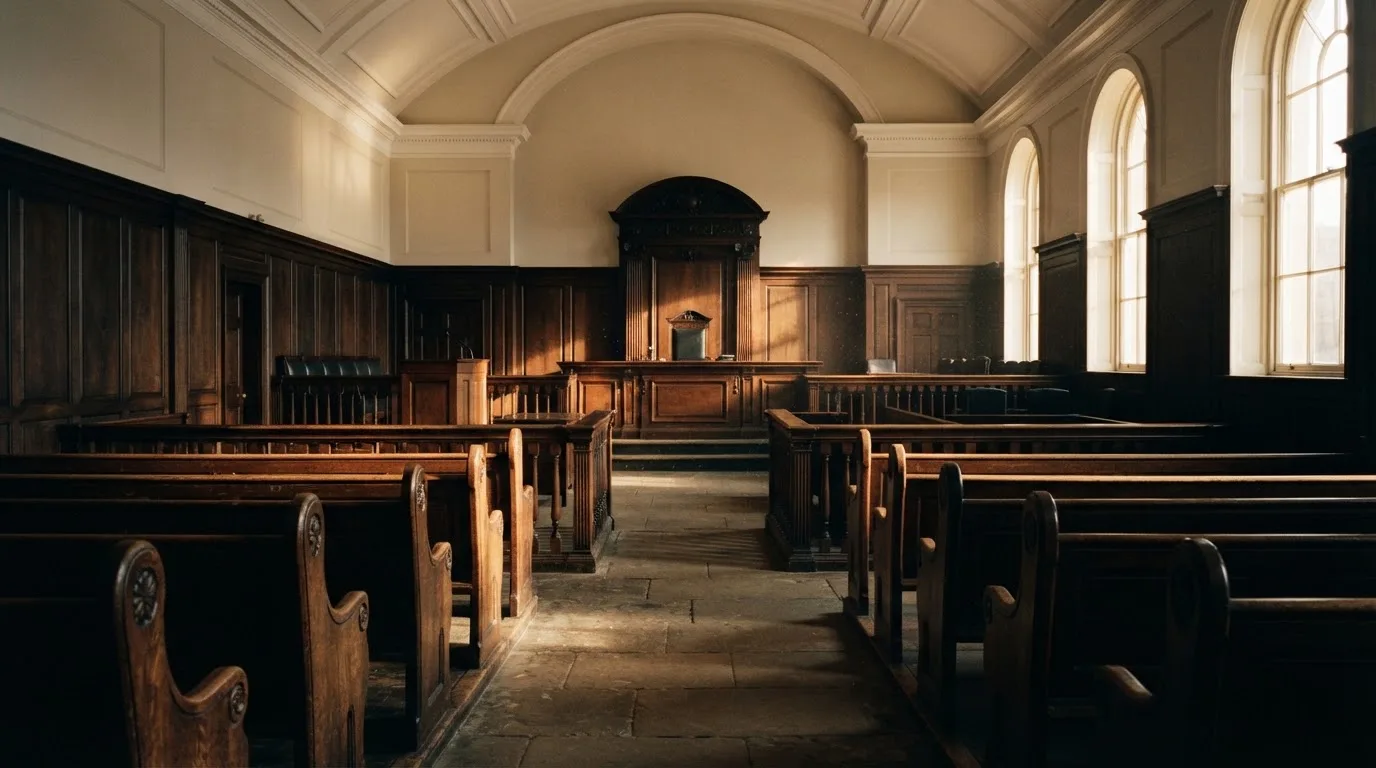 An empty courtroom with wooden benches in morning light