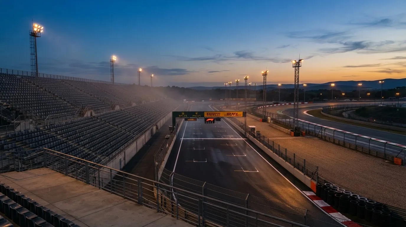 An empty football stadium with floodlight masts at dusk