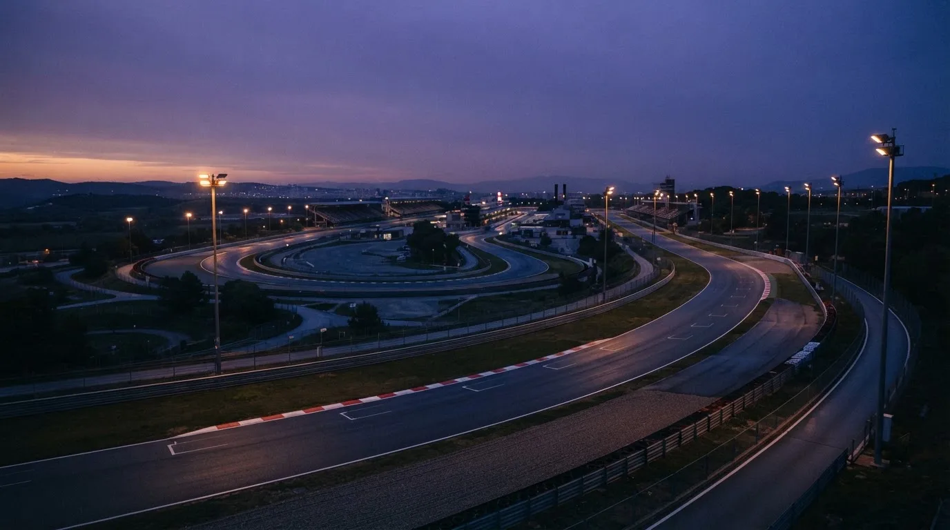 An empty football stadium with floodlight masts at dusk