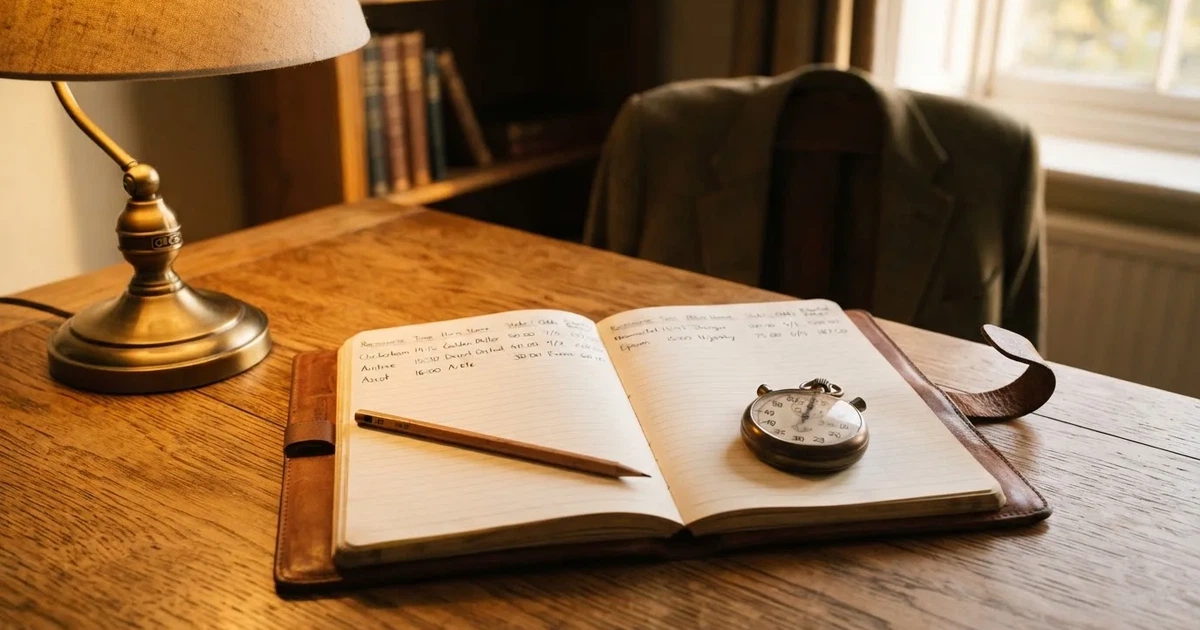 An open notebook with a pencil and a stopwatch on a wooden table