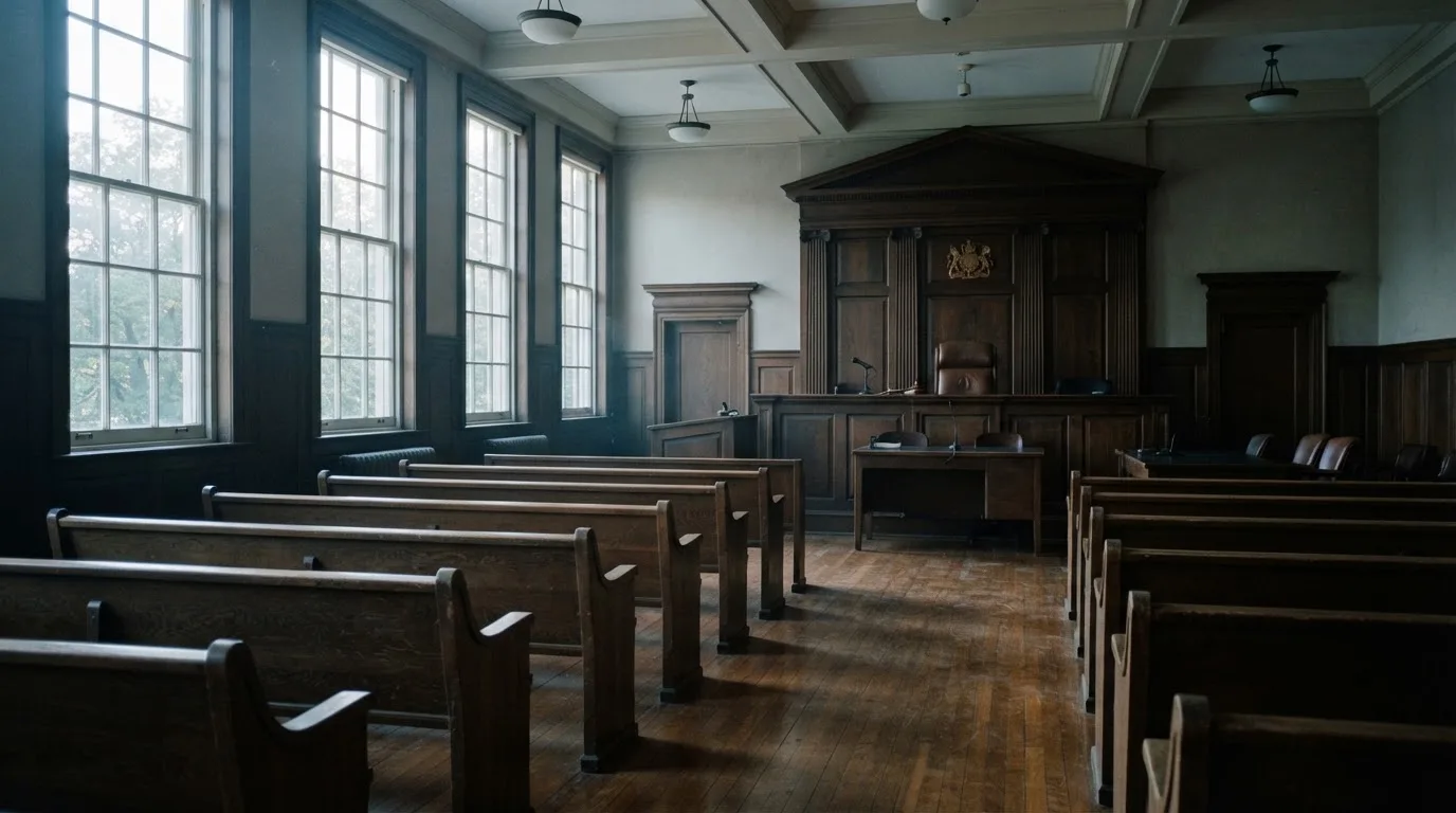 An empty courtroom with wooden benches in morning light
