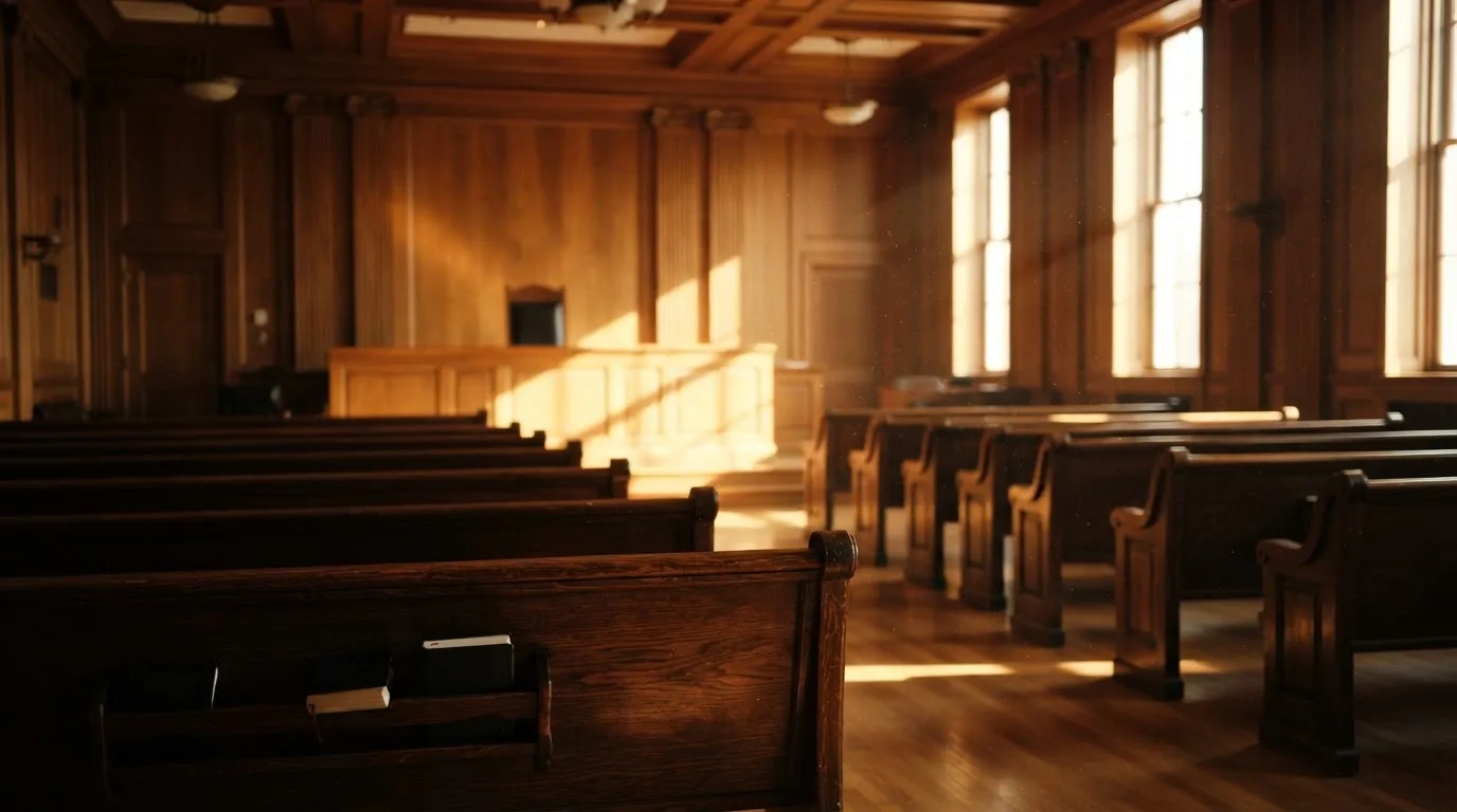 An empty courtroom with wooden benches in morning light